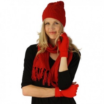 Ladies 3pc Winter Soft Knit Beanie Hat Long Scarf Flip Cover Gloves Set S/M - Red - C911PK7W8XR