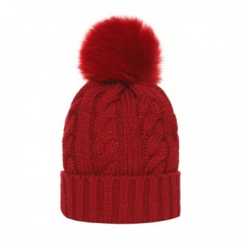 TEFITI Women Cable Knit Beanie Hat Winter Warm Pom Pom Cap Hats - Wine Red - CM186089MU3