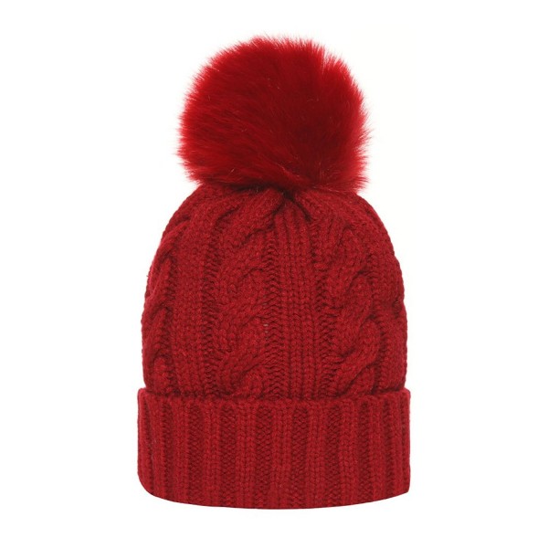 TEFITI Women Cable Knit Beanie Hat Winter Warm Pom Pom Cap Hats - Wine Red - CM186089MU3