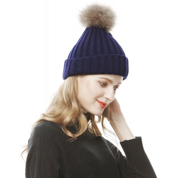 Lovful Womens Girls Winter Fur Hat Real Large Fur Pom Pom Beanie Hats - Navy - CB12N1SBJ7Q