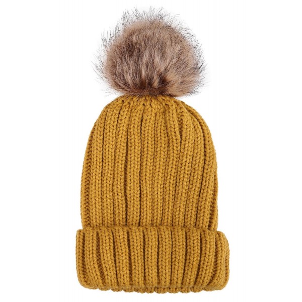 Arctic Paw Unisex Girls Children Mommy&me Cable Knit Beanie with Faux Fur Pompom - Adult-yellow - C01820K04WT