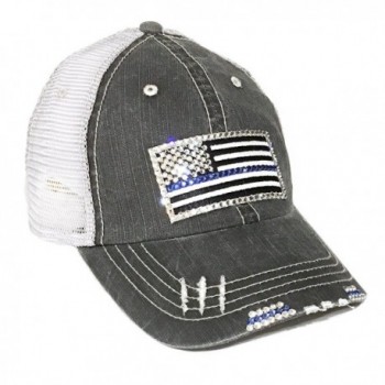 Thin Blue Line Flag Bling Baseball Cap Distressed Trucker Swarovski - Gray Denim Trucker - CQ12IJXV41P