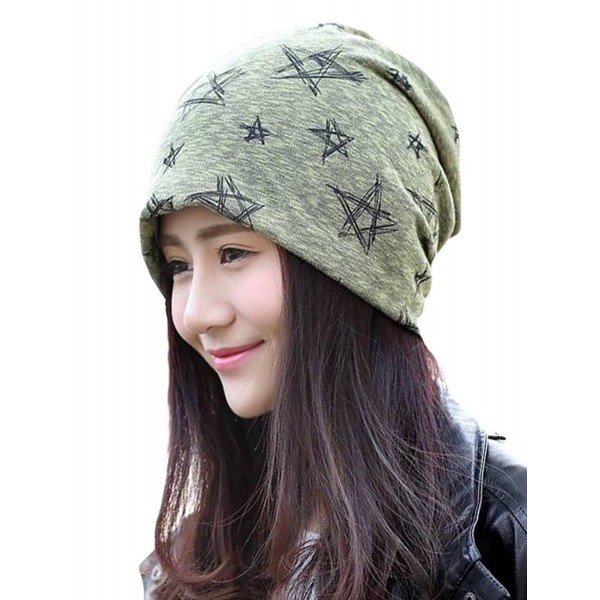 Qiabao Stretch Stars Print Slouchy Skull Beanie Hat Cap for Women - Green - CA12MLODKHJ