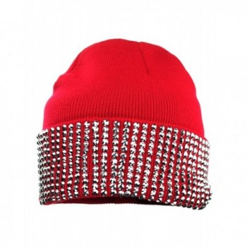 NYFASHION101 Solid Color Rhinestone Studded Winter Warm Cuff Skull Cap Beanie Hat - Red - CD129I19HKR