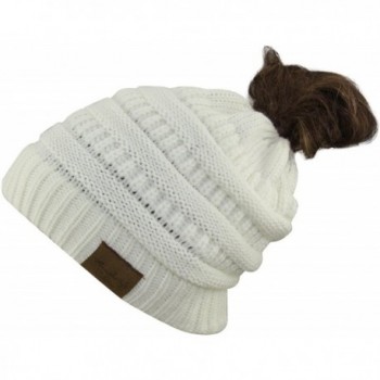 MINAKOLIFE BeanieTail Soft Stretch Cable Knit Messy High Bun Ponytail Beanie Hat - White - CE187CE34U3