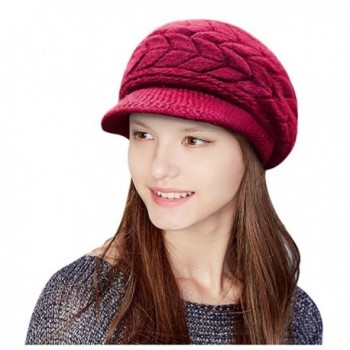 Glamorstar Winter Knit Hat Stretch Warm Beanie Ski Cap with Visor for Women Girl - Red Wine - CD186QT6ZHG