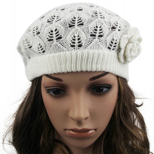 Womens Super Soft Flower Laciness Knit Beanie Hat - White - C111ZVCXGOL