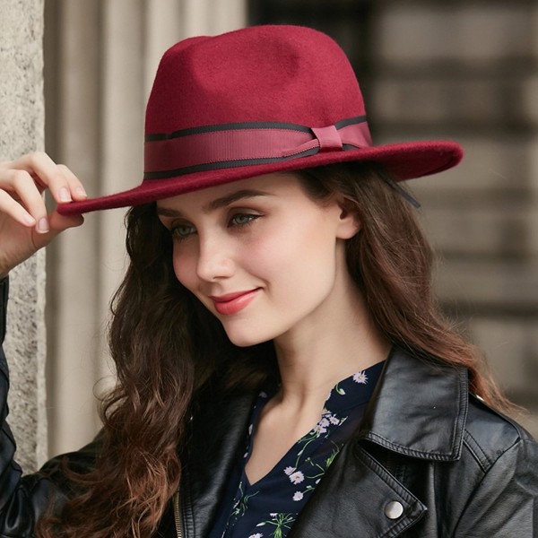 100% Wool Fedora Hat Vintage Bowler Hats Wide Brim Hat for Women - Wine ...