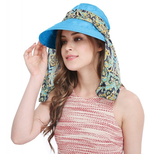 Bellady Big Brim Foldable Hat Summer Beach Cotton Sun Hat Floppy Sunblock Hats Visor - Blue_with Scarf - C612O0SX49P