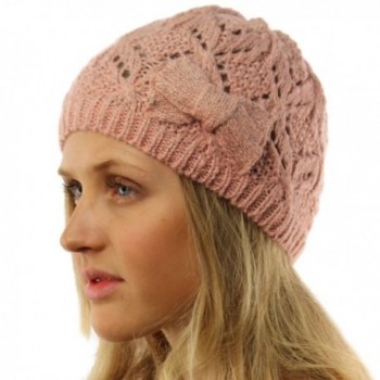 Ladies Girls Teens Winter Shimmer Ribbon Bow Knit Beanie Skull Hat Cap Ski - Pink - CU11T2SESFV