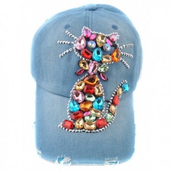 Elonmo Cute Big Crystal Cat Baseball Cap Jewel Rhinestone Bling Hats Jeans Wash Denim - CC11YMOBR4F