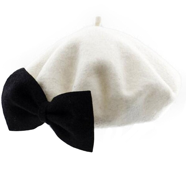 Lady French Beret Wool Beret Chic Beanie Winter Hat With Bow - White - CZ12N0GPJW8