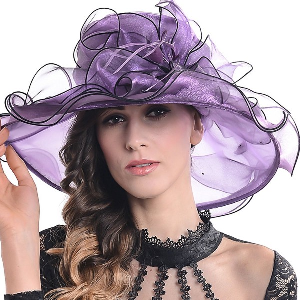 Fanny Women Organza Wide Brim Large Flower Church Sun Hat - Purple - CU11XKYODSF