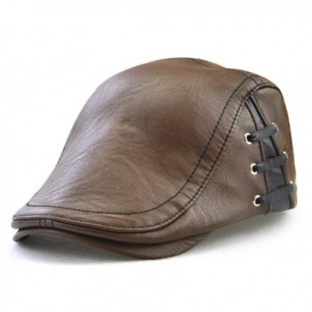 PU Leather Beret Hat Casquette Flat Visor Newsboy Cap For Men - Light Coffee - C3187MW3YHG