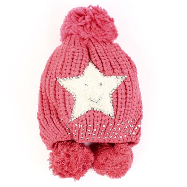 Women Smiling Face Star Pattern Rhinestone Decor Pom Pom Hat - Watermelon Red - C811FAJFLIX