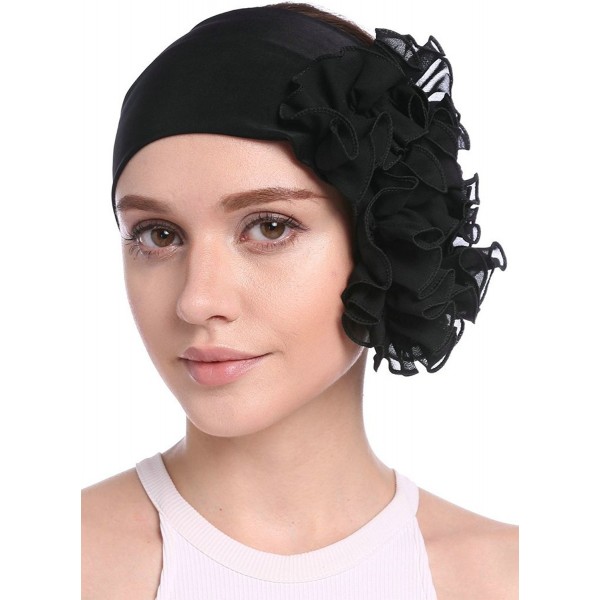 YI HENG MEI Women's Elegant Strench Chiffon Pleated Flower Hair Bands Headband Turban Cap - Black - C117Z4Z45NS