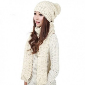 Qingsun Lady Women's Lady Girl Scarf and Hat 2pcs Set Knitted Winter Warm Skull caps Thicken Beanie Cap() - White - CC12NE1ZV36