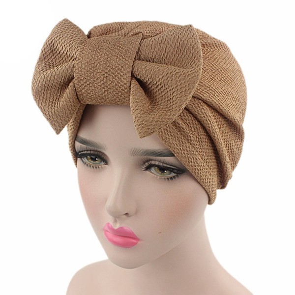 KINGSEVEN Women's Bow Solid Pattern Stretch Turban Hat Hair Wrap Sun Cap - Khaki - CV185ERWMUK