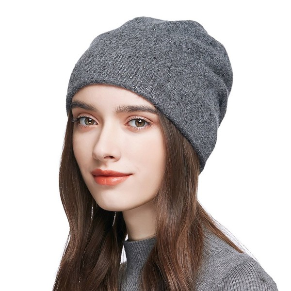 Women's Slouchy Double Bling Crystal Wool Knitted Beanie Cap Winter Casual Hat - Dark Grey - CL1876THMC6