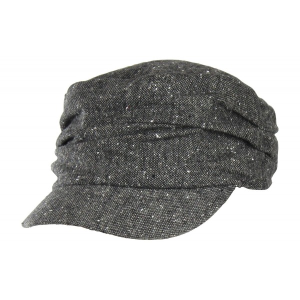 Classic Marled Tweed Newsboy Cadet Cap w/ Short Brim & Ruched Front - One Size - Black - CI12NYY2H29