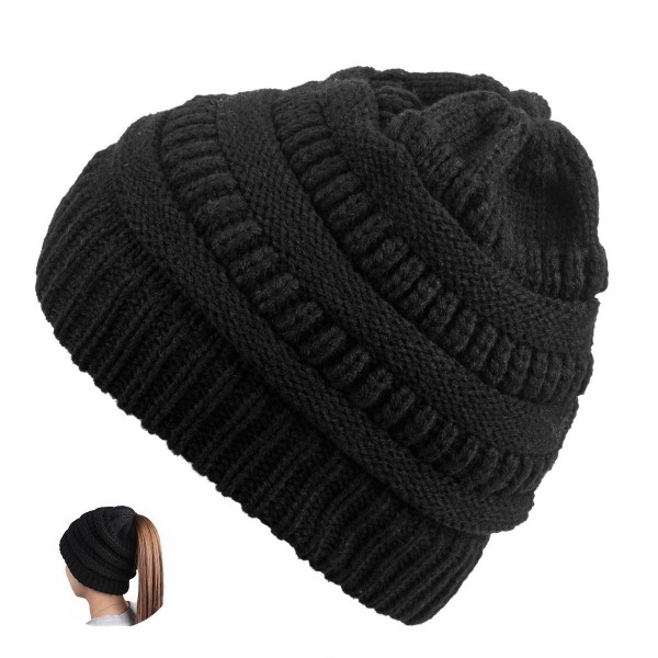 TONLION Women Girl Stretch Knit Hat Messy Bun Ponytail Beanie Holey Warm Hats Winter - Black - C4189WW43C4