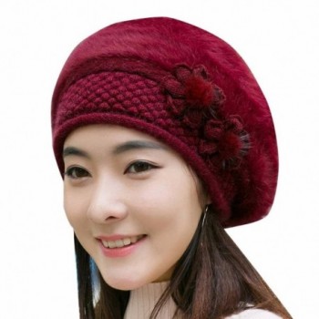 pretty.W Womens Winter Fashion Flower Knit Crochet Casual Wool Beanie Hat Warm Cap Beret - Wine Ded - CT187CDX6MZ