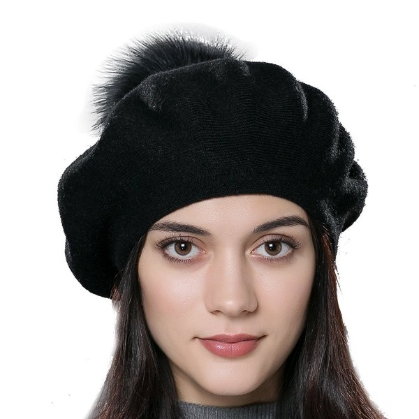 URSFUR Unisex Winter Hat Womens Knit Wool Beret Cap with Fur Ball Pom Pom - Black - C312MAJ8RFP