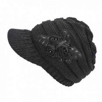 Plum Feathers Women's Cable Knit newsboy Visor Cap Hat With Sequined Flower Accent - Black - CW11T7GKJLP