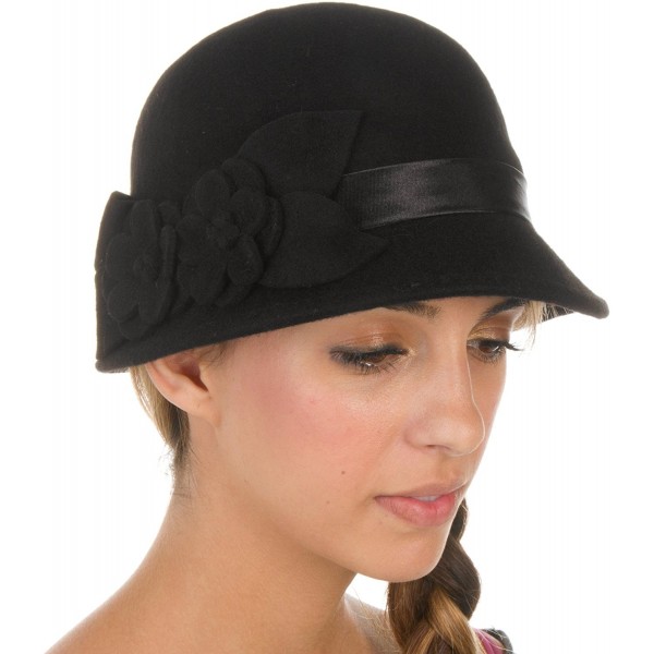 Sakkas Vivian Vintage Style 100% Wool Cloche Bell Hat with Flower Accent - Black - CO110ZML5CR