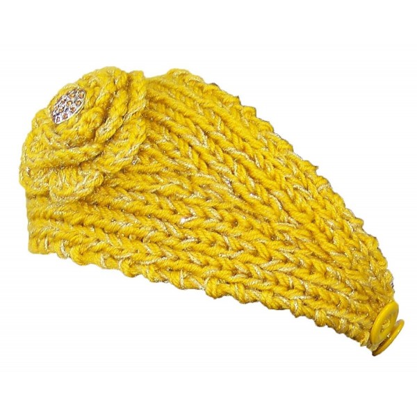 Sparkly Knit Winter Headband w/Jeweled Button (One Size) - Yellow - CF11H6JOJGV