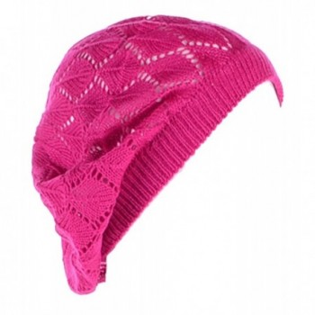 Be Your Own Style BYOS Womens Airy Cutout Lightweight Leafy Crochet Beret Beanie Hat (Fuchsia Leafy) - CQ12N27F6FW