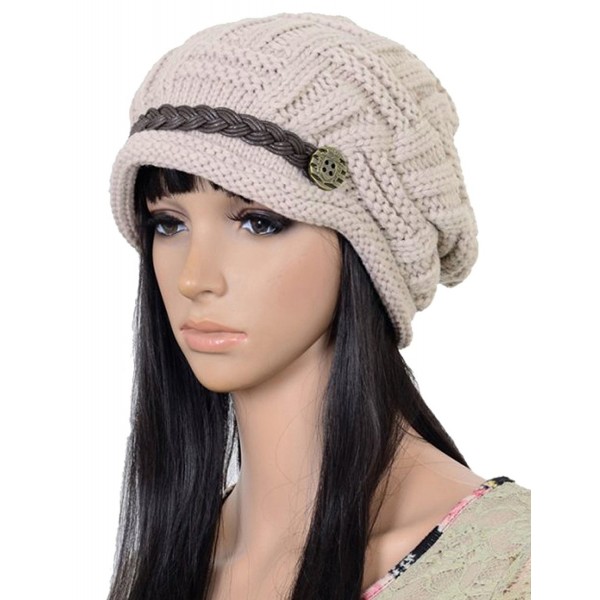 Women Winter Beanie Cabled Checker Pattern Knit Hat Button Strap Cap - Beige - C8128IO0VCN