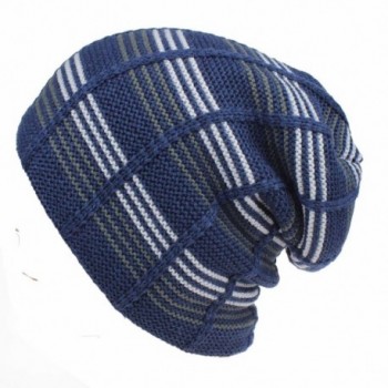 JAKY Global Mens Knit Beanie Skull Hat -Stripe Soft Fleece Lined Thick Warm Winter Cap Ski Hats - Navy - CQ12MY8L5R2