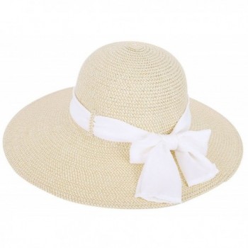 Toppers Womens Summer Sun Beach Hat Big Bowknot Wide Brim Straw Hat UPF 50+ - Cream - CB18C9ULG55