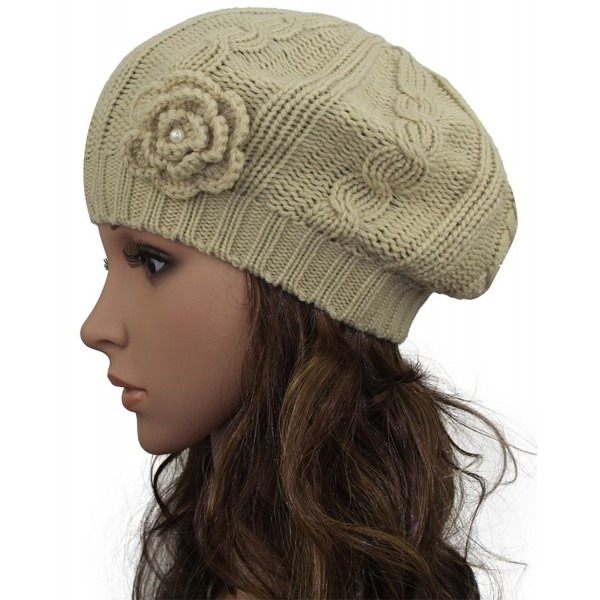 MINAKOLIFE Women Crochet Braided Knit Flower Beret Baggy Beanie Ski Cap Hat - Beige - CE11ZYOBZXP