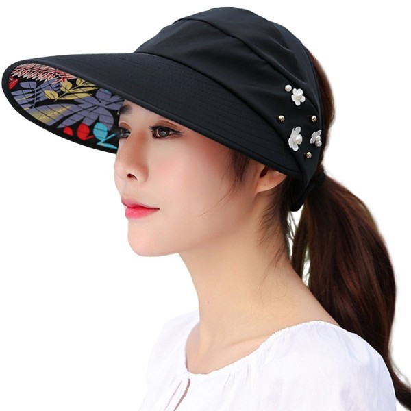 Lanzom Women Wide Brim UV Protection Summer Sun Hat Beach Visor Cap UPF 50+ - A-black - CB12MFYJ6I7