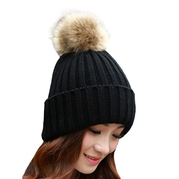 Tuscom Women Winter Fur Ball Warm Hat Crochet Knitted Wool Cap - Black - C812NDUK7S0