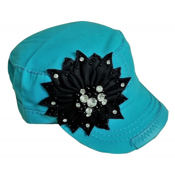 Olive & Pique Womens Rhinestone Fabric Flower Military Cadet Hat - Turquoise - CP1849NNA7Z