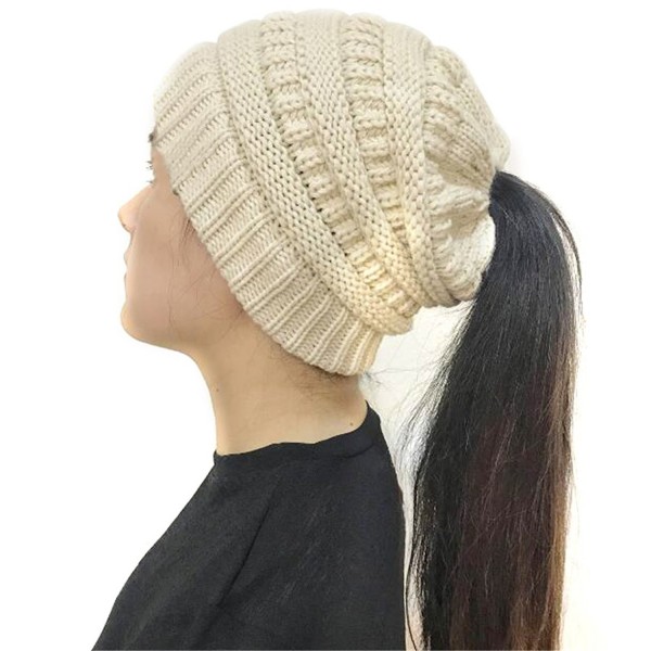 U-WARDROBE Womens Beanie Hat Chunky Cable Knit Messy Bun Ponytail Beanie Hat Skully Winter - Beige - C01888GGQ8W