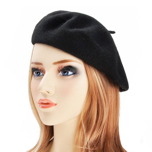 Wool Beret Hat Classic Solid Color French Beret for Women - Black - CX11OBNNZFB