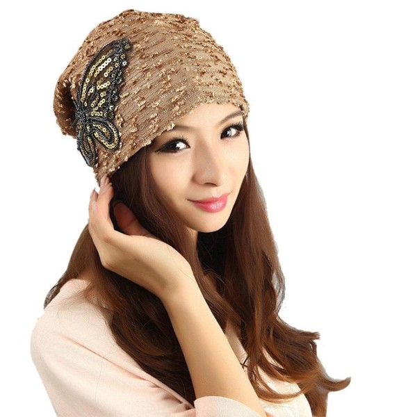 MiyaChic Women's Winter Hat Lace Butterfly Beanie Caps Lady Skullies Turban Cap - Camel - C51884QMU3G