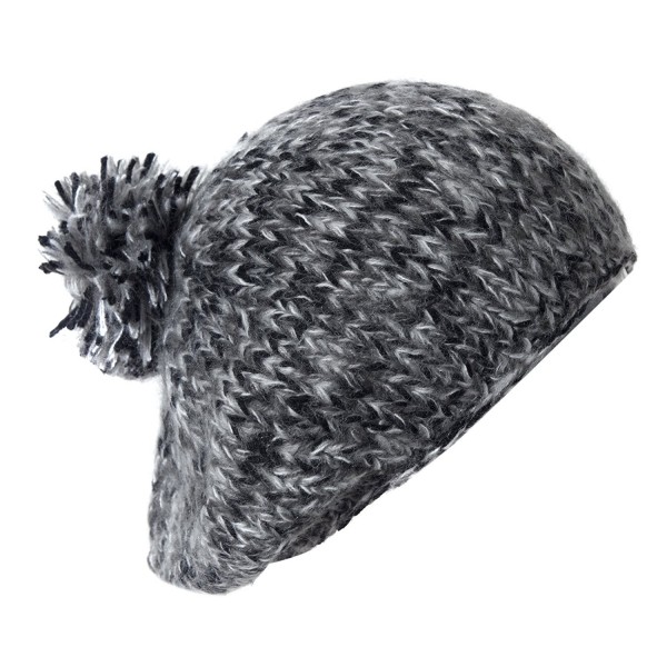 Cute Slouch Beanie Beret Hat w/ Pom- Classic Vintage Chunky Knit Style Cap - Black Gray Mix - CF11QFXS0BJ