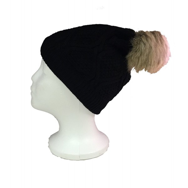 Women's Premium Faux Fur PomPom With Warm Fur Lining Knitted Slouchy Beanie Hat - Black - CX120AXG4H5