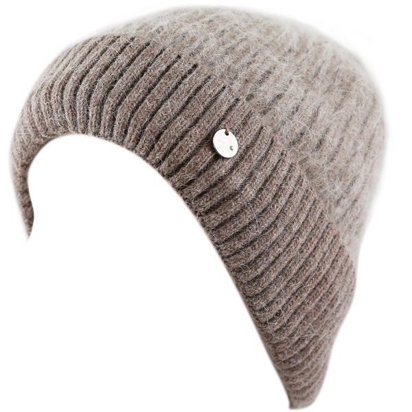 The Hat Depot Women's Rabbit Fur Cuff Knit Beanie Fleece lined Skully Winter Hat - Khaki - CS12N8XVXW6