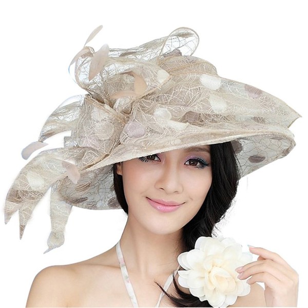 June's Young Women Hat Sun Hat Paillette Wide Brim Organza Feather - Champagne - CS11OIBH8RH