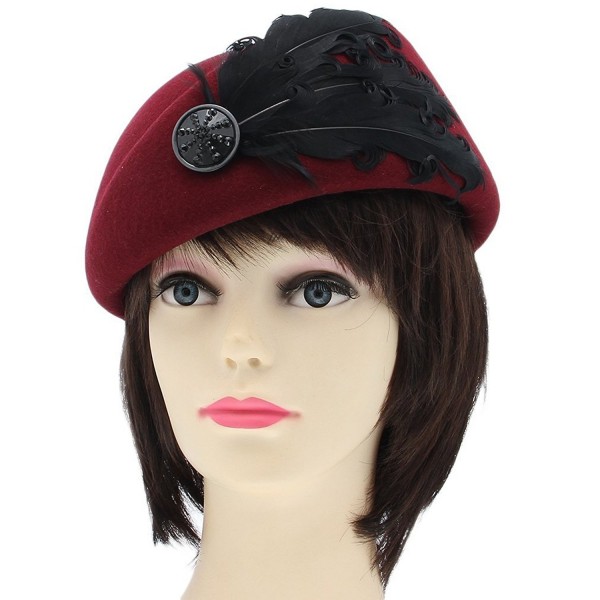 YueLian Solid Color Feather Women Petrine French Wool Beret Church Fedora Ski Beanie Hats Cap - Wine Red - CX125LC4HIT