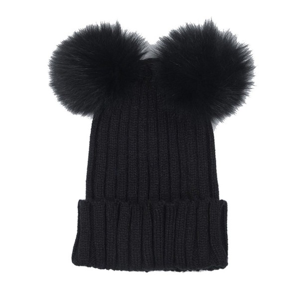 Opromo Women's Winter Chunky Knit Beanie Hat With Double Faux Fur Pom Pom Ears - Black - C2185XSGAHT