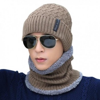 Novawo Knit Warm Fleece Lined Skull Cap Beanie Hat - Khaki With Neck Warmer - CZ12O8DXJDC