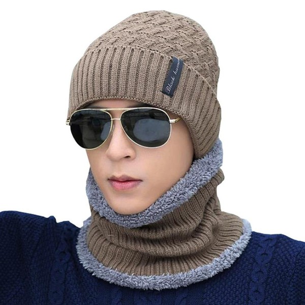 Novawo Knit Warm Fleece Lined Skull Cap Beanie Hat - Khaki With Neck Warmer - CZ12O8DXJDC