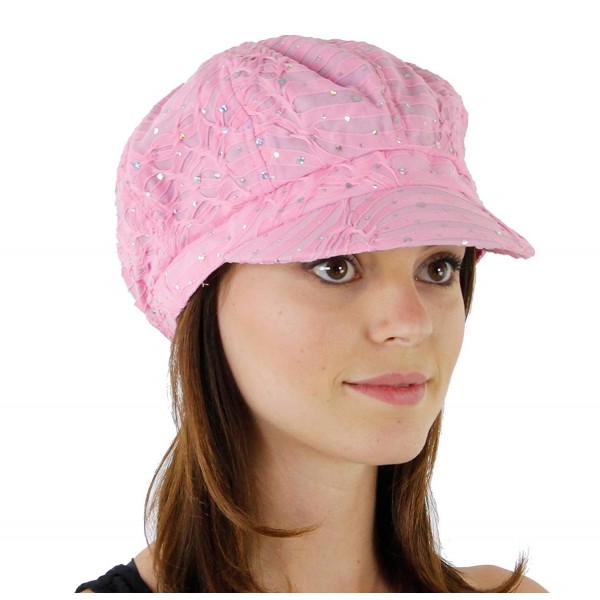 Glitter Sequin Trim Newsboy Style Relaxed Fit Cap- Pink - C311993S5BH
